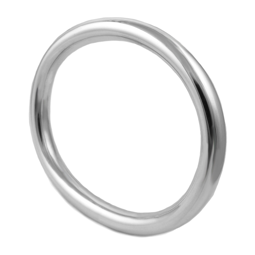 A large oval sterling silver tube bangle on a white background.