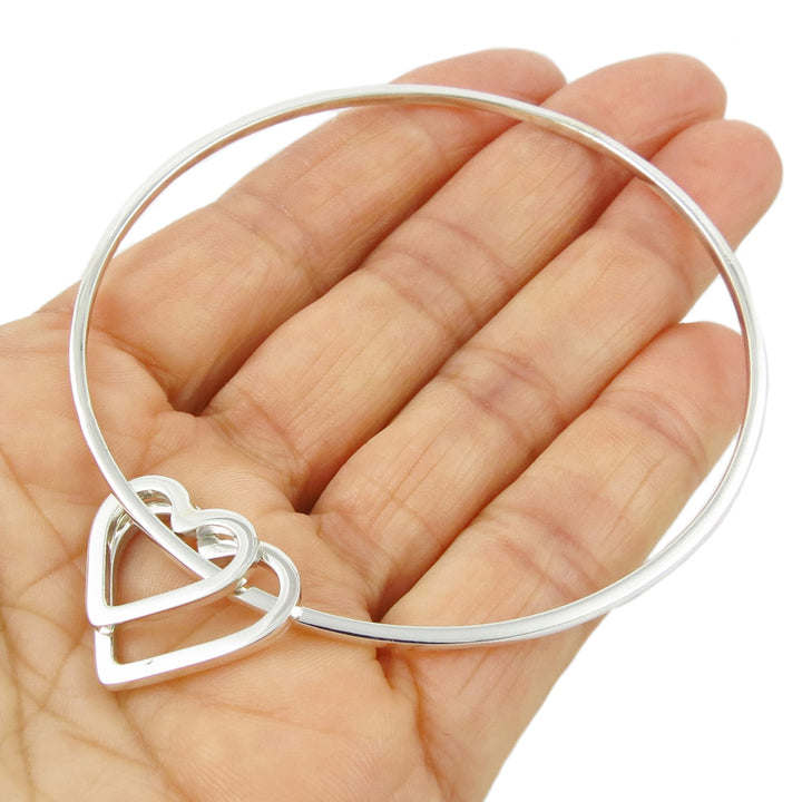 Large Sterling Silver Bangle with Heart Charm Tags