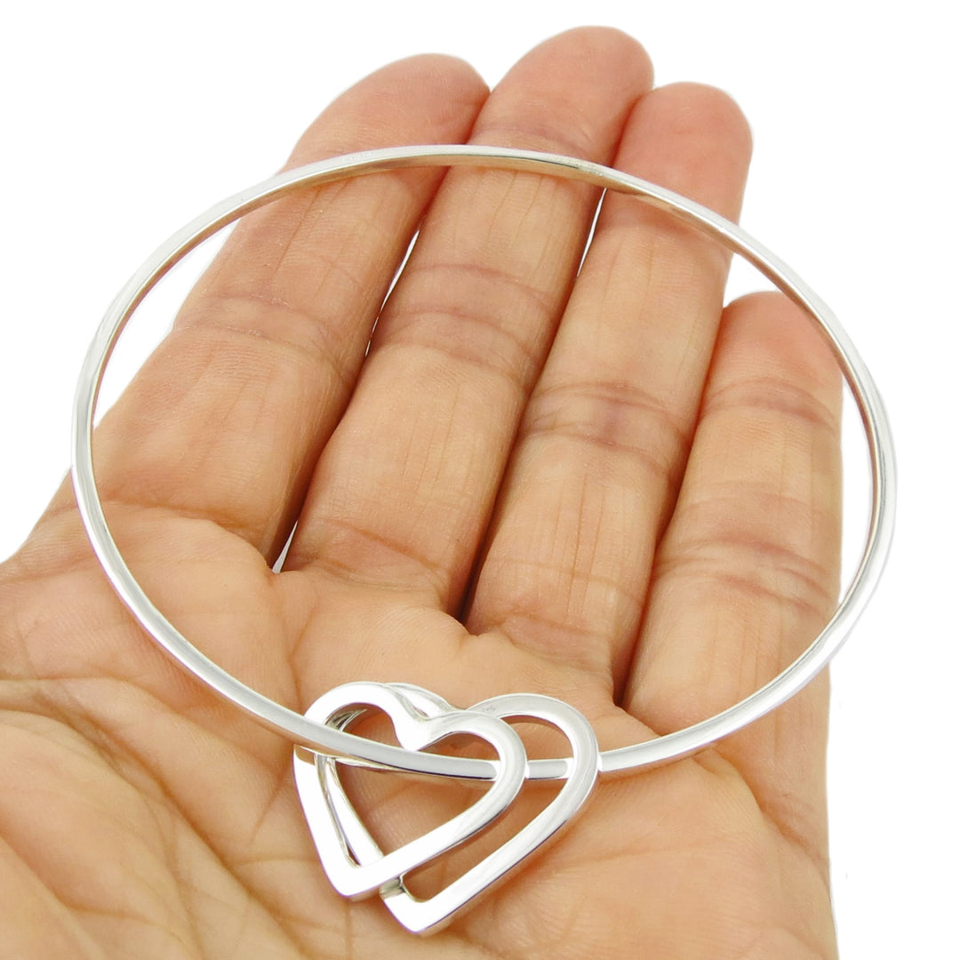 Large Sterling Silver Bangle with Heart Charm Tags