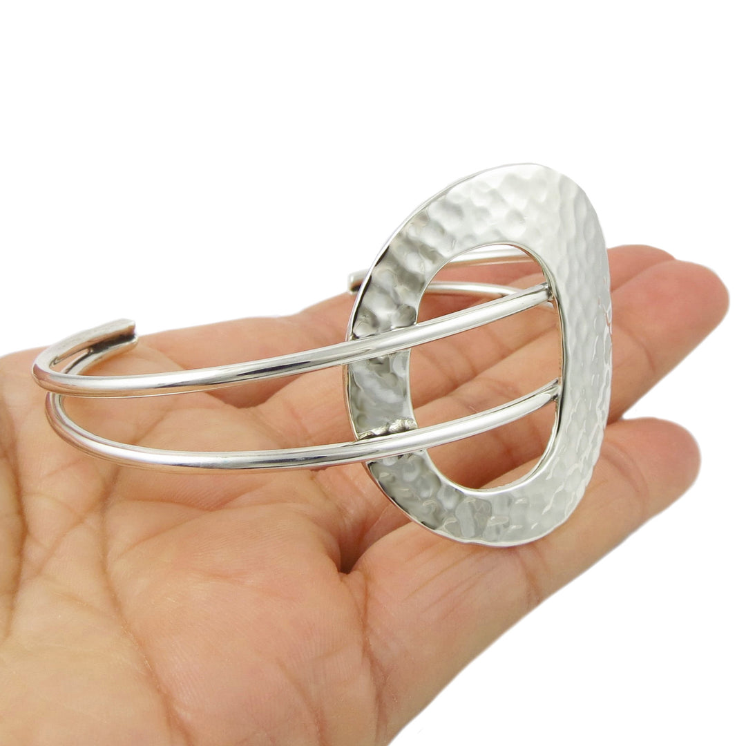 Wide Sterling Silver Hammered Oval Bracelet