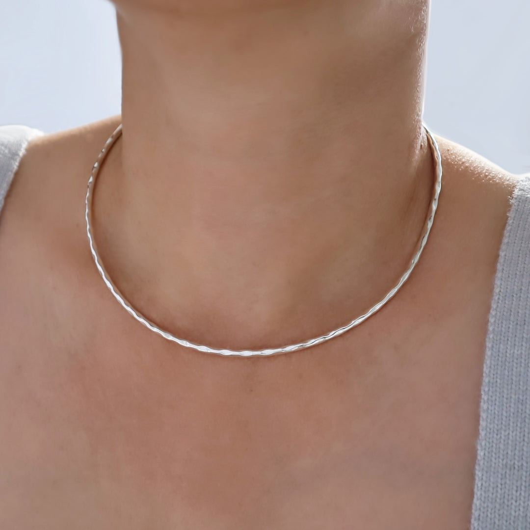 Hammered Sterling 925 Silver Choker Necklace Torc