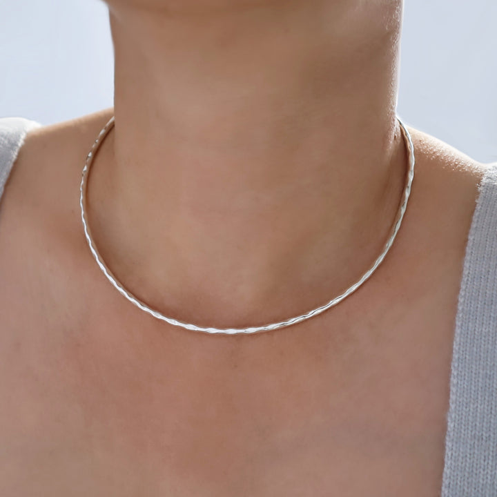 Hammered Sterling 925 Silver Choker Necklace Torc