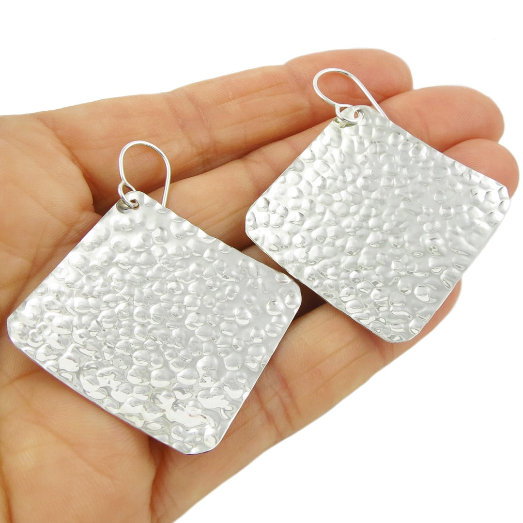Large Hammered Silver Earrings Square Drops
