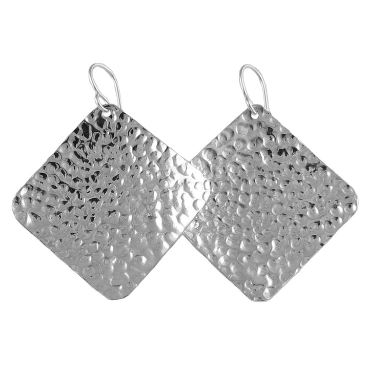 Large Hammered Silver Earrings Square Drops