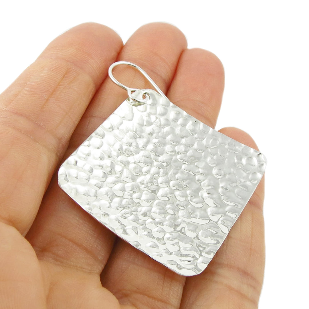Large Hammered Silver Earrings Square Drops