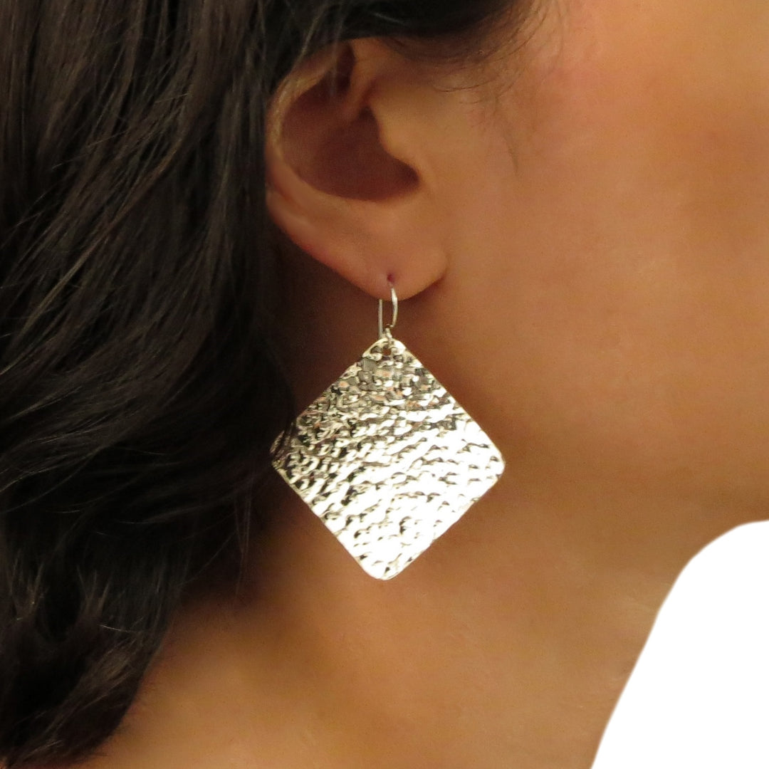 Large Hammered Silver Earrings Square Drops