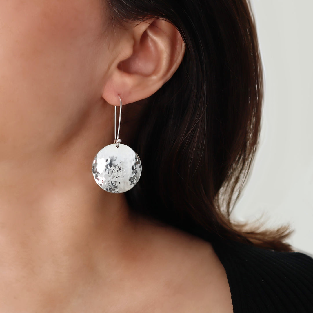 Long Textured Hammered Silver Earrings