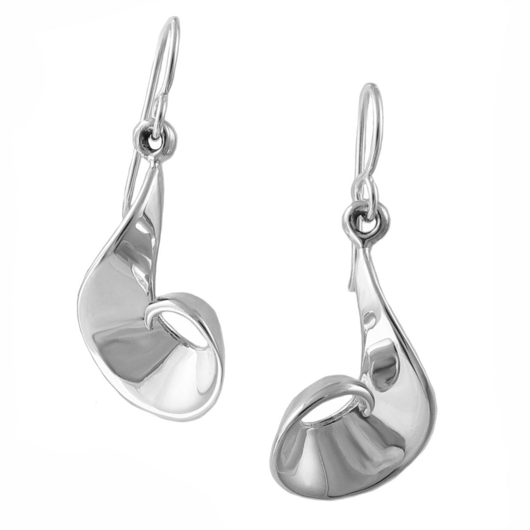 A pair of long 925 sterling silver spiral earrings with a polished finish, hanging from ear hooks.