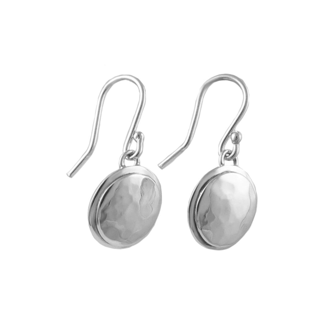 A pair of 925 sterling silver hammered earrings with faceted drops dangle design, showing the front and back of the earrings.