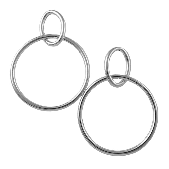 Double circle hoop earrings in sterling silver on a white background