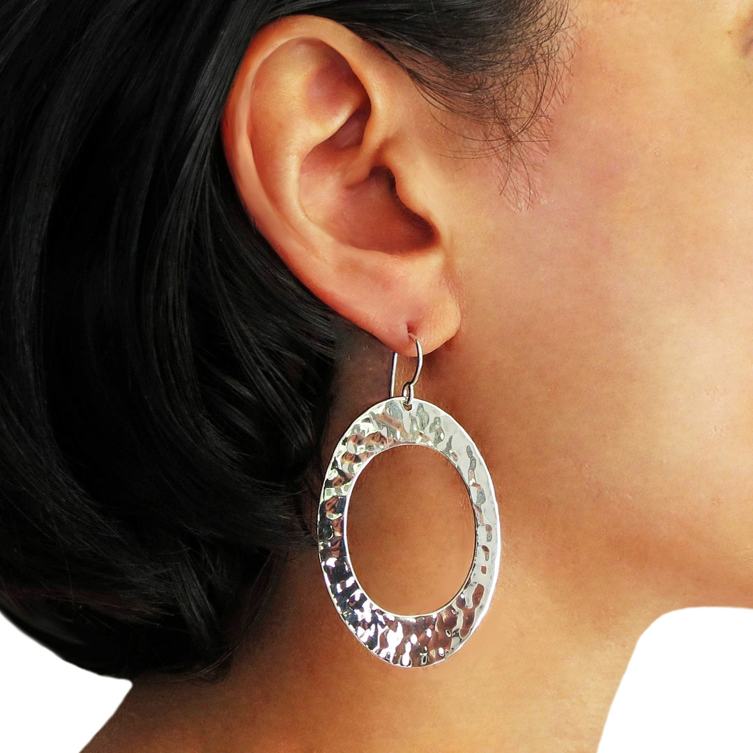 Sterling Silver Hammered Oval Drop Earrings