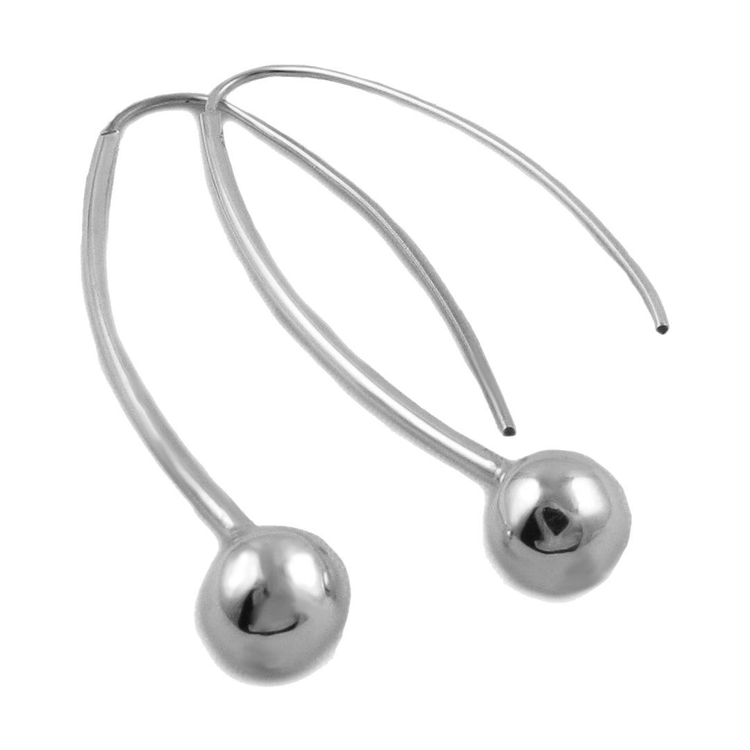 Silver threader earrings with spherical ends on a white background