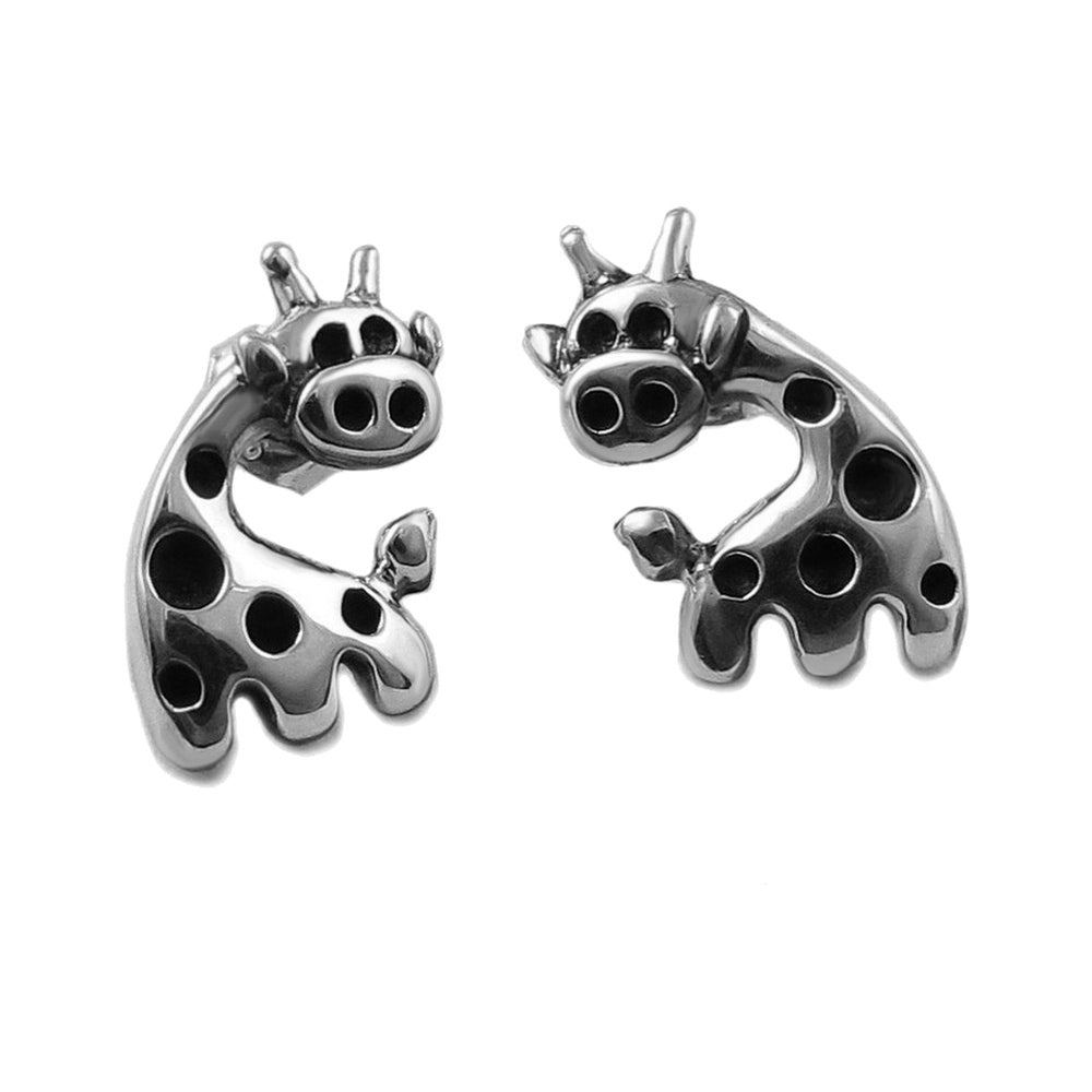 Silver giraffe stud earrings on a white backgroubd.