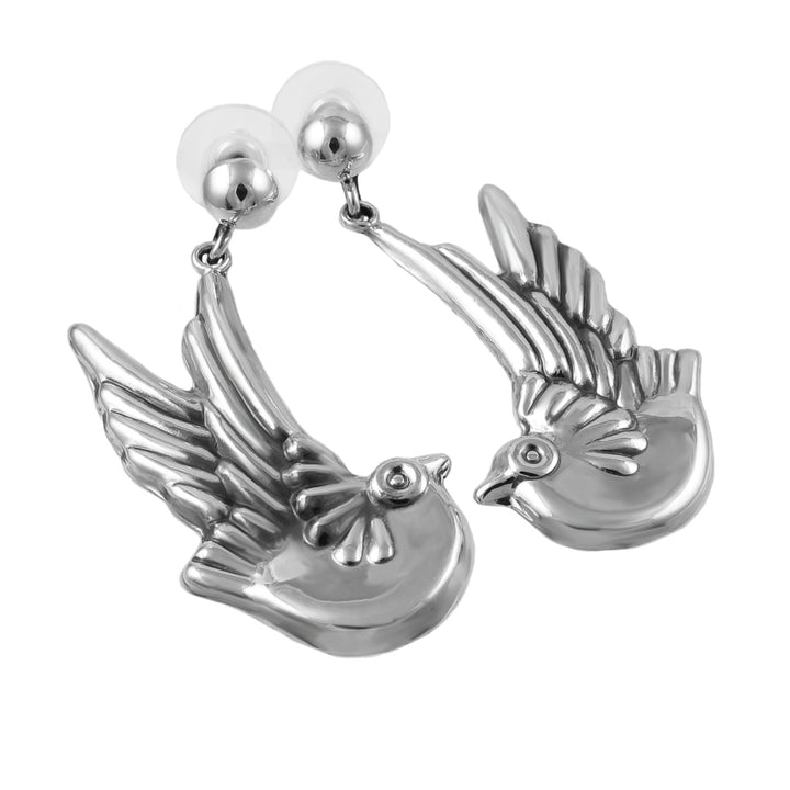 Large silver lovebird earrings on a white background