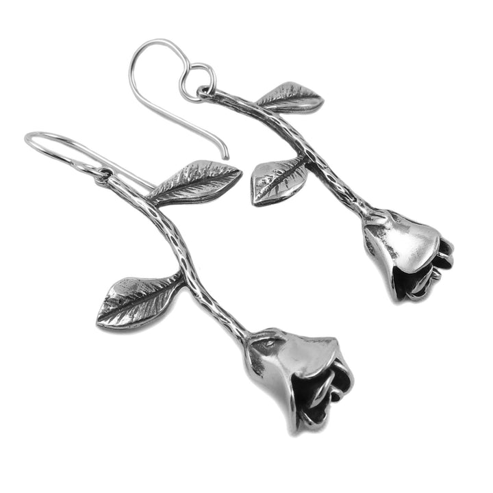Long stem rose earrings in 925 silver on a white background