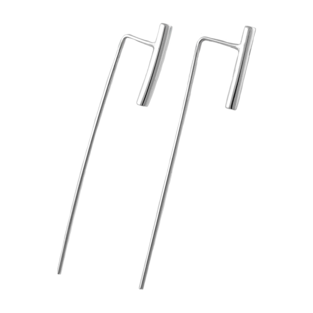 Sterling silver threader earrings with long barrel features on a white background.