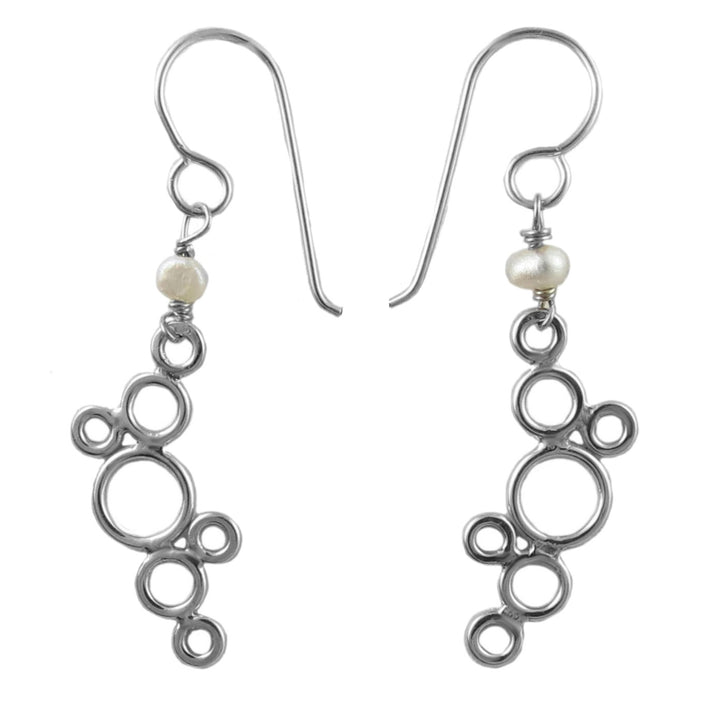 Silver bubble earrings with freshwater pearl accents on a white background.