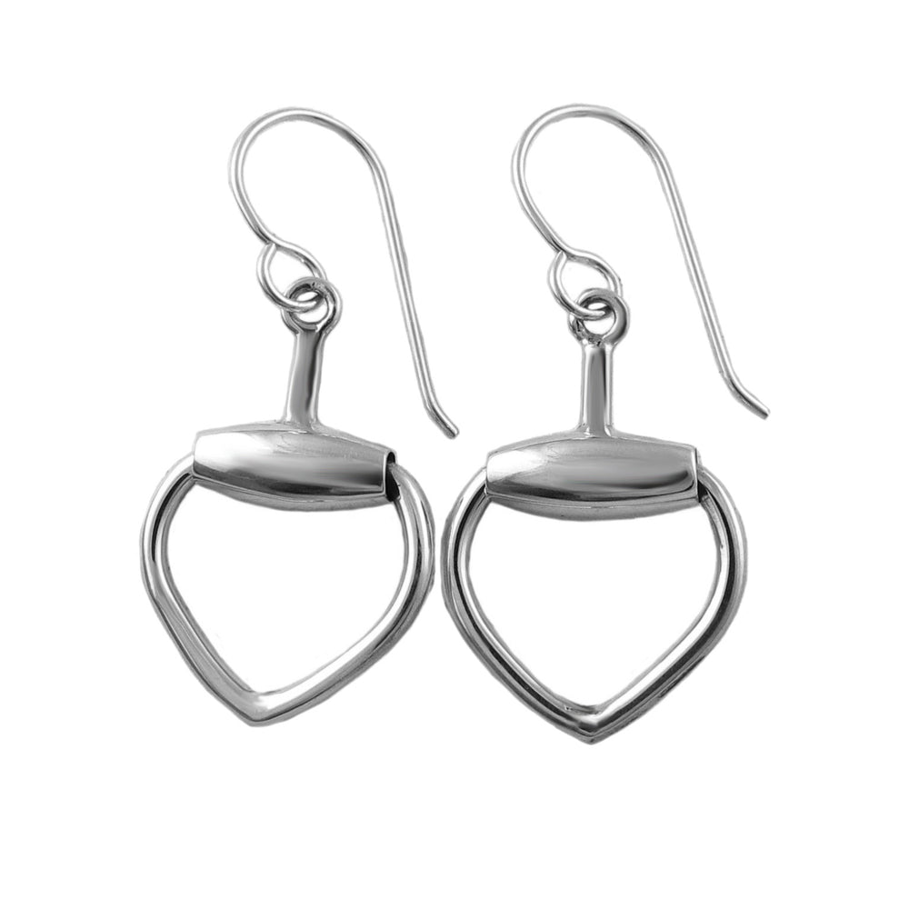 Pair of silver heart-shaped horsebit earrings on a white background