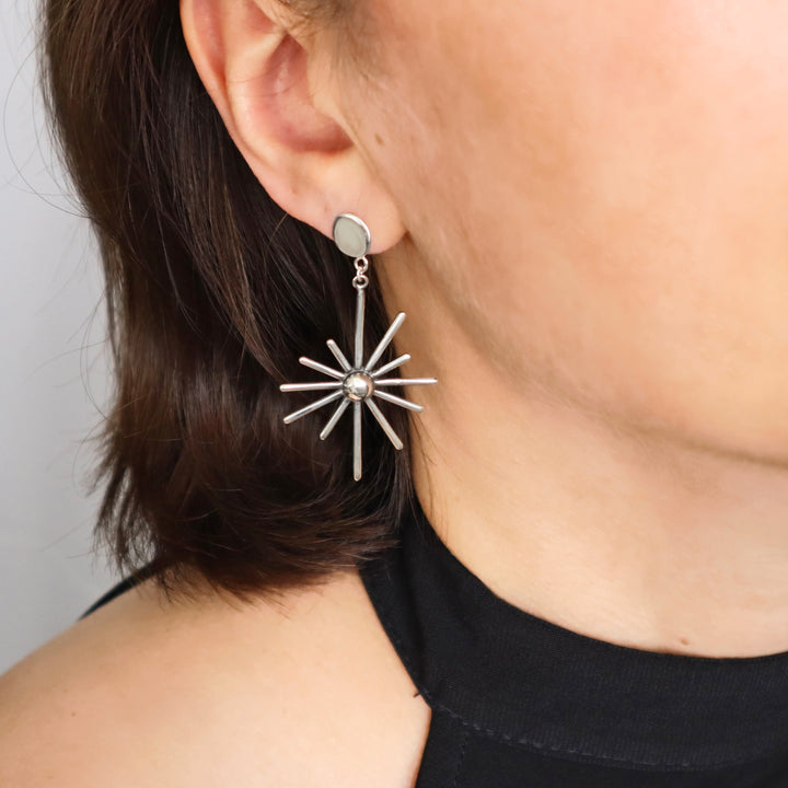 Large Starburst Solid 925 Silver Dangle Earrings