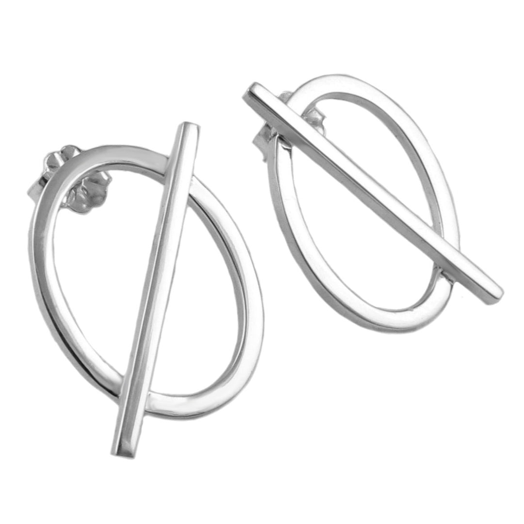 Silver oval earrings with a bar design on a white background