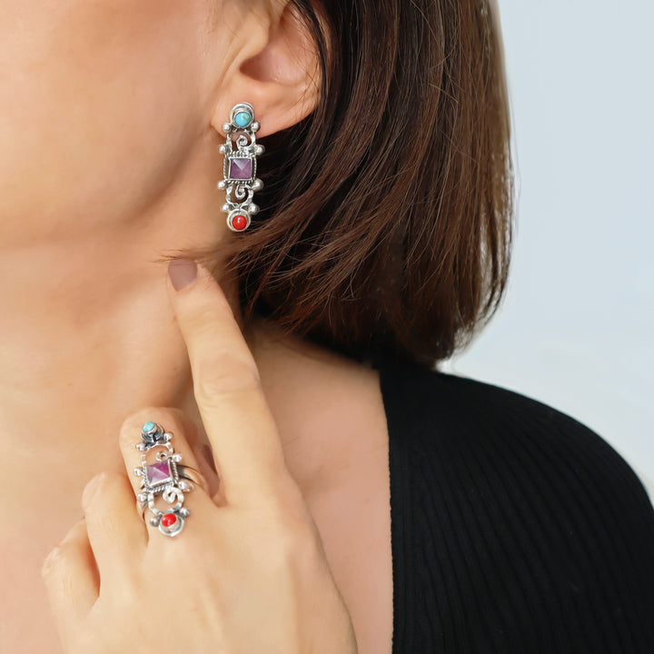 Mexican Mosaic Sterling Silver Earrings - Handmade