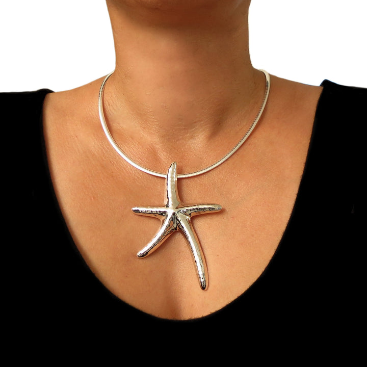 Large Hammered Starfish Sterling Silver Pendant Necklace