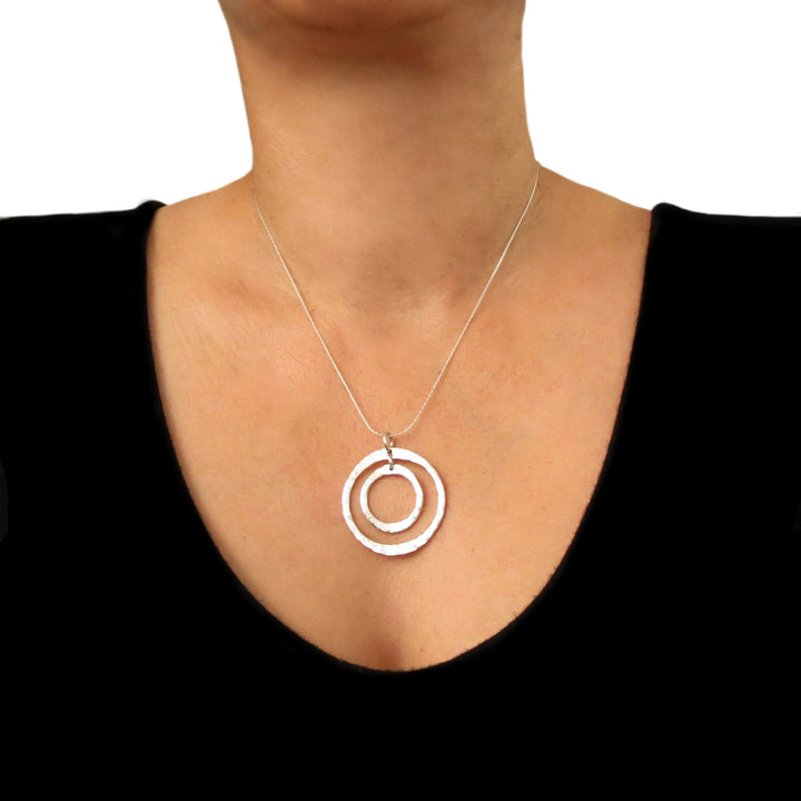 Hammered Double Circle Silver Pendant Necklace