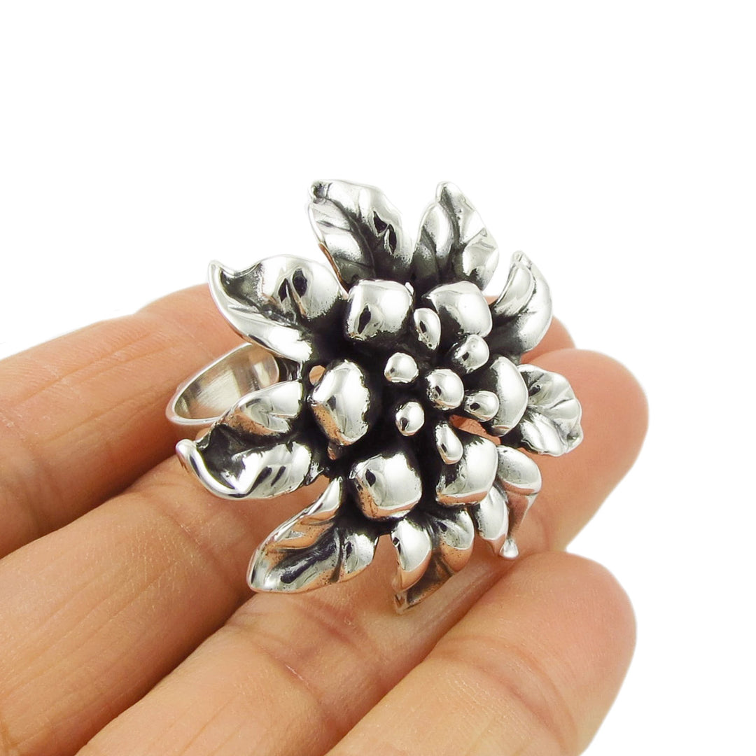 Handmade Large Flower Sterling Silver Adjustable Size Ring