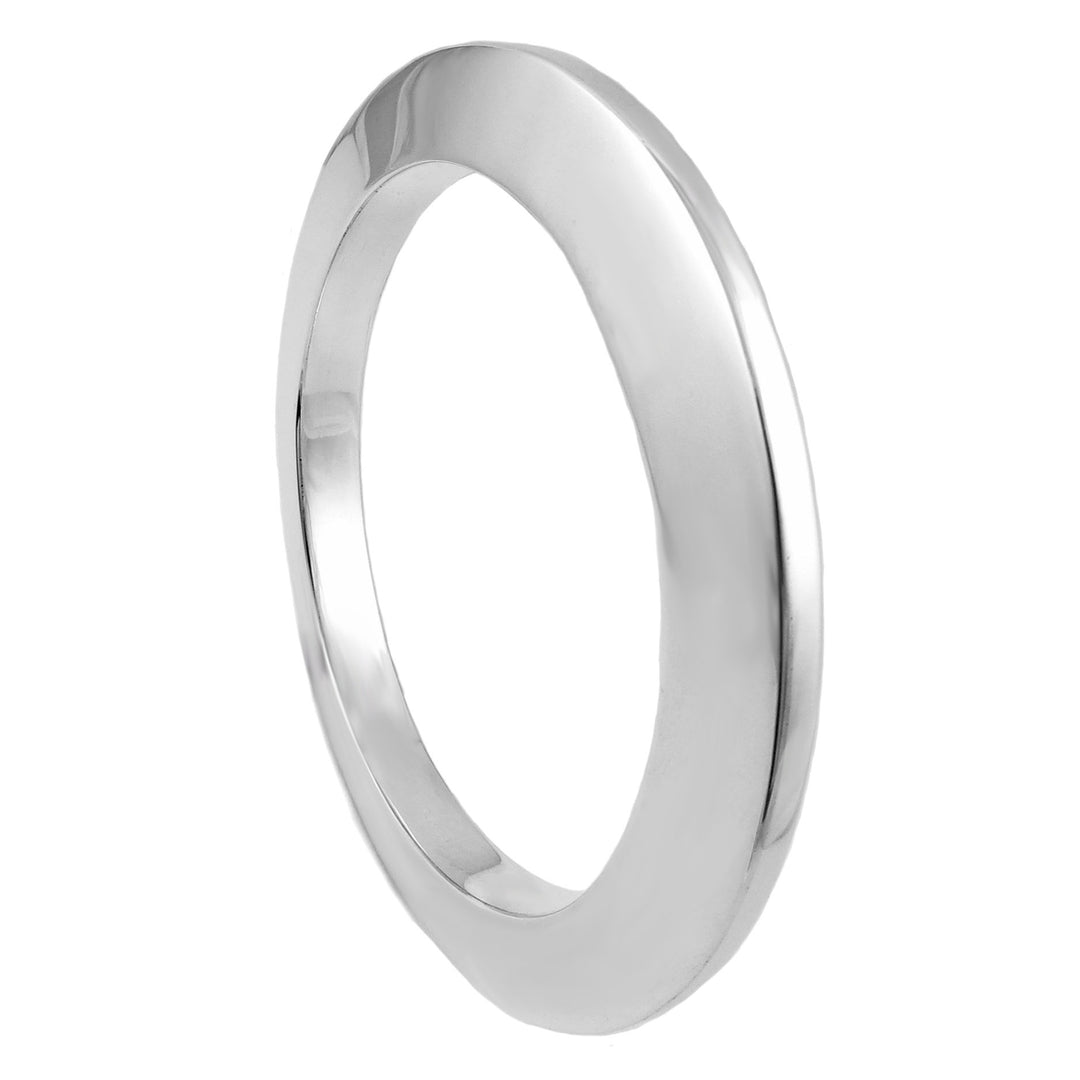 A polished sterling silver bangle bracelet with a sculptured design, showing a hollow reversible shape on a white background.