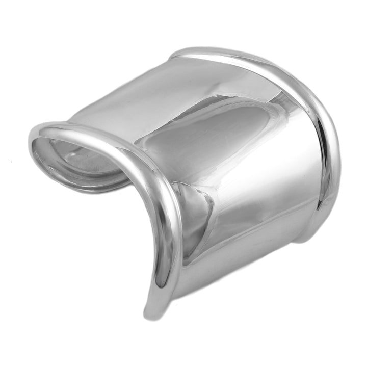 A wide sterling silver bracelet cuff on a white background.