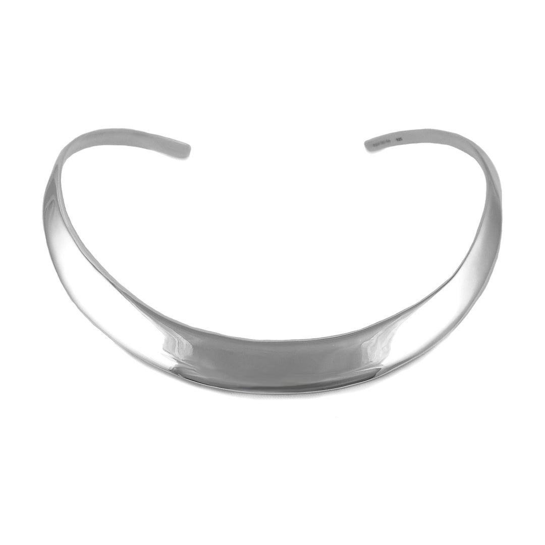 A polished sterling silver choker necklace with a fitted design on a white background.