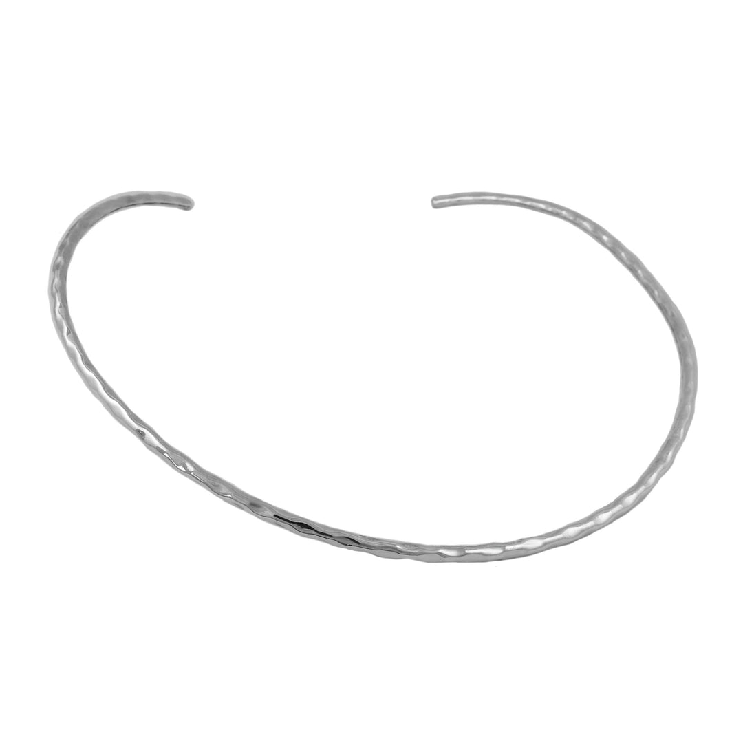 A hammered sterling silver choker necklace on a white background.