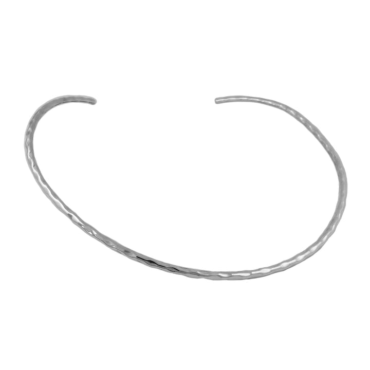 A hammered sterling silver choker necklace on a white background.