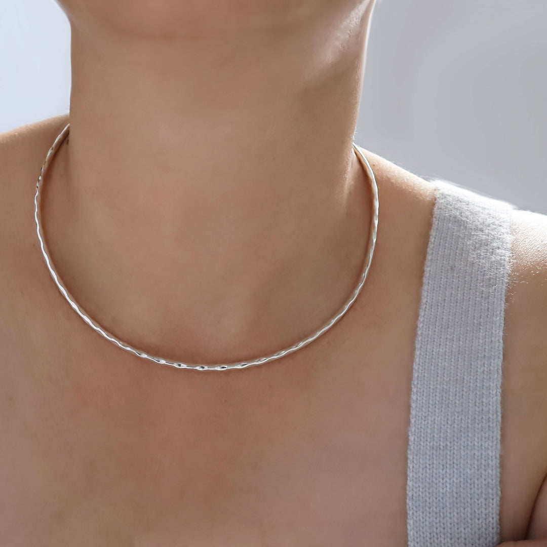 Hammered Sterling 925 Silver Choker Necklace Torc