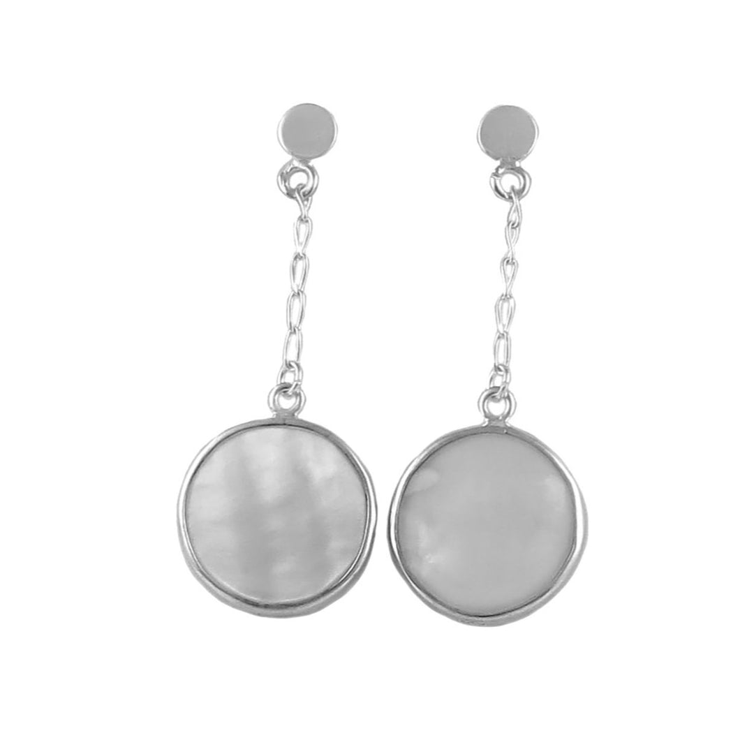 Sterling dilver circle earrings with mother of pearl inlays on a white background.