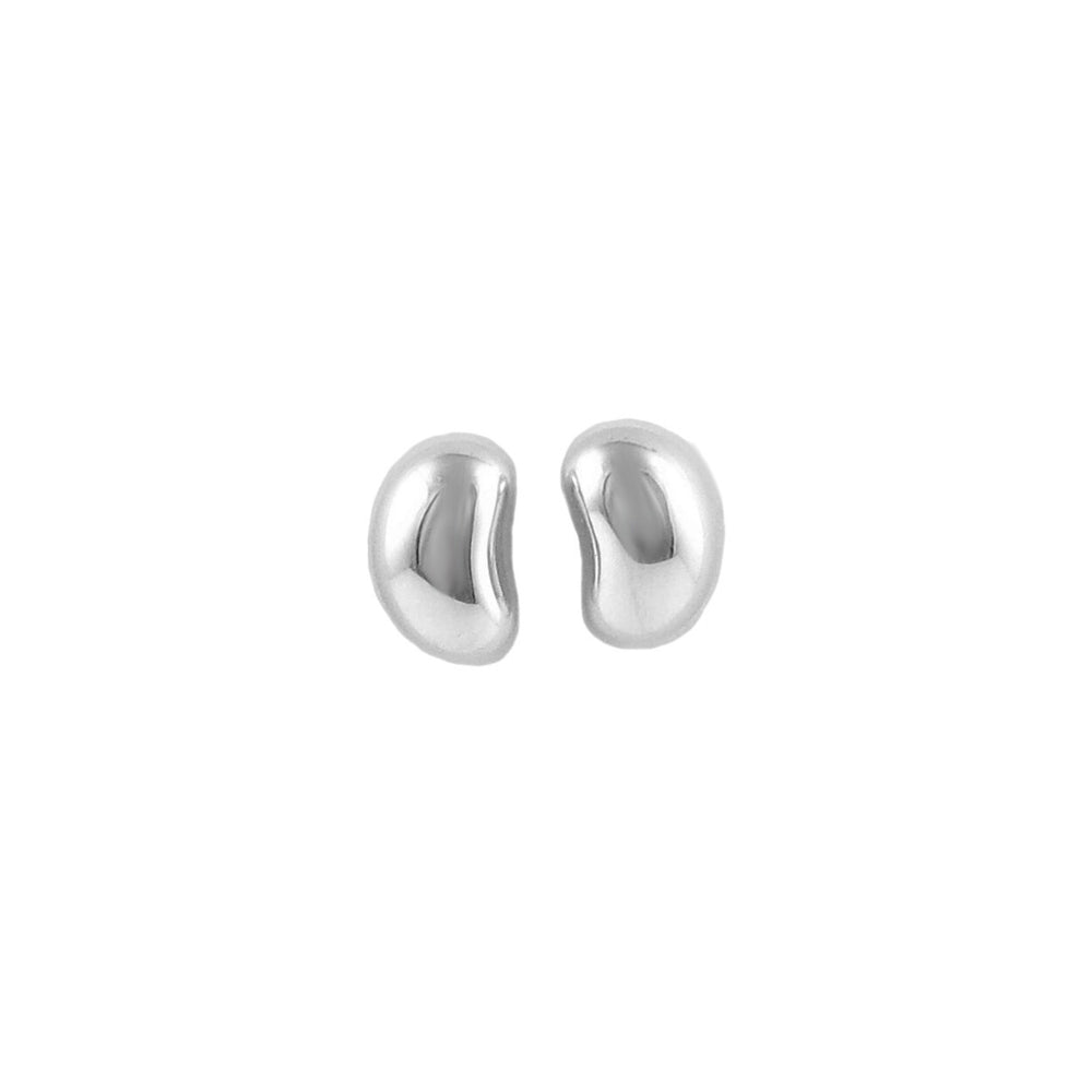 A pair of curved bean shaped silver stud earrings on a white background.