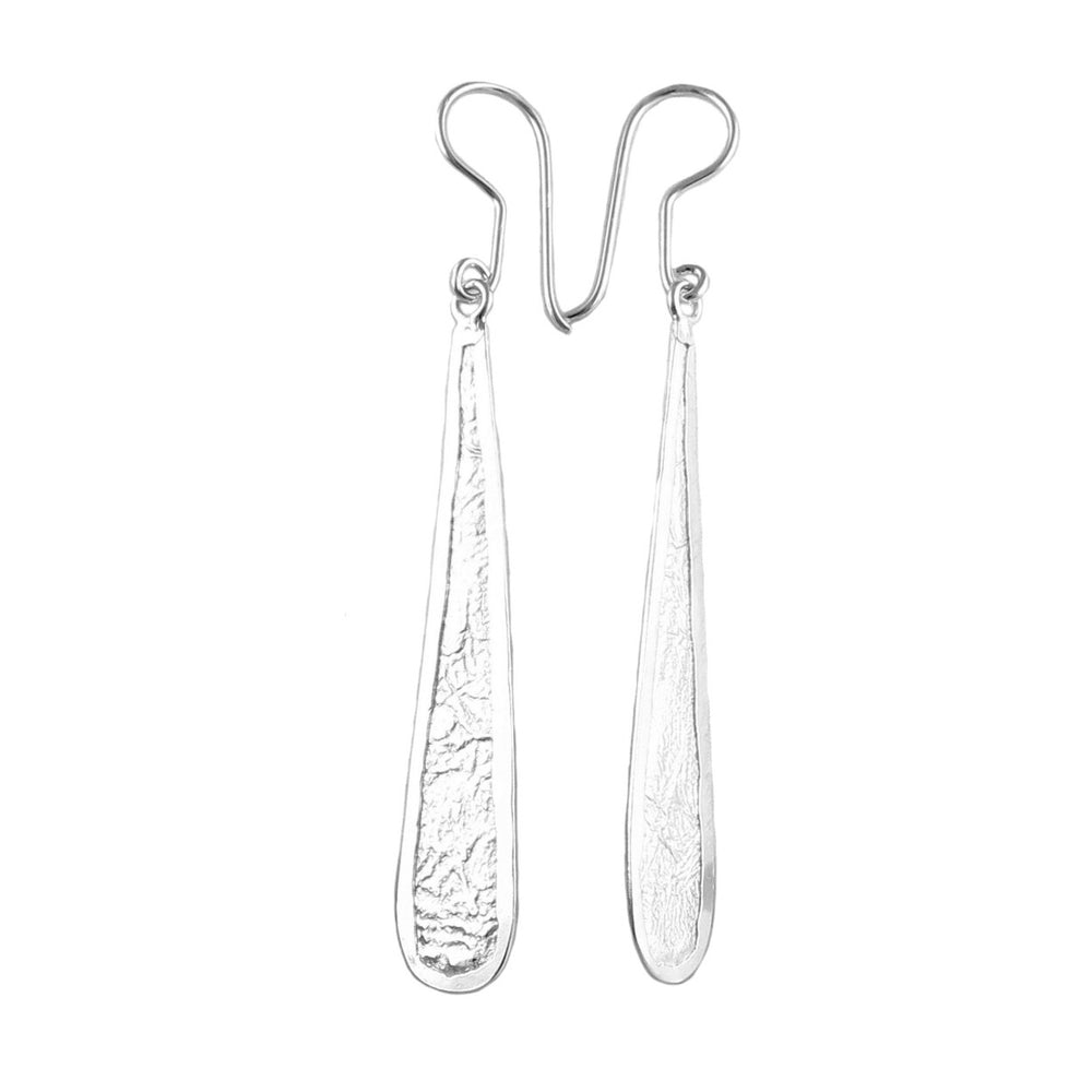 Long silver teardrop earrings with a reticulated finish on a white background.