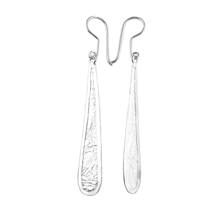 Long silver teardrop earrings with a reticulated finish on a white background.