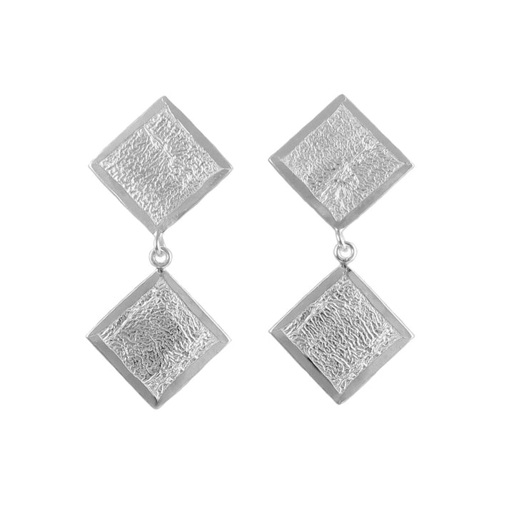 Long sterling silver double drop square earrings with a reticulated finish on a white background.