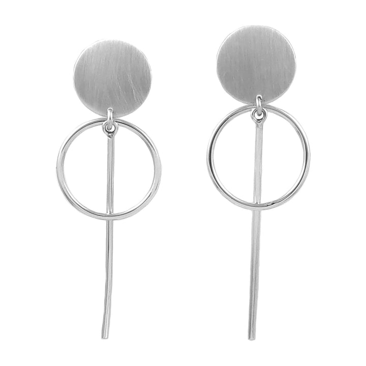 Long geometric ssilver earrings on a white background