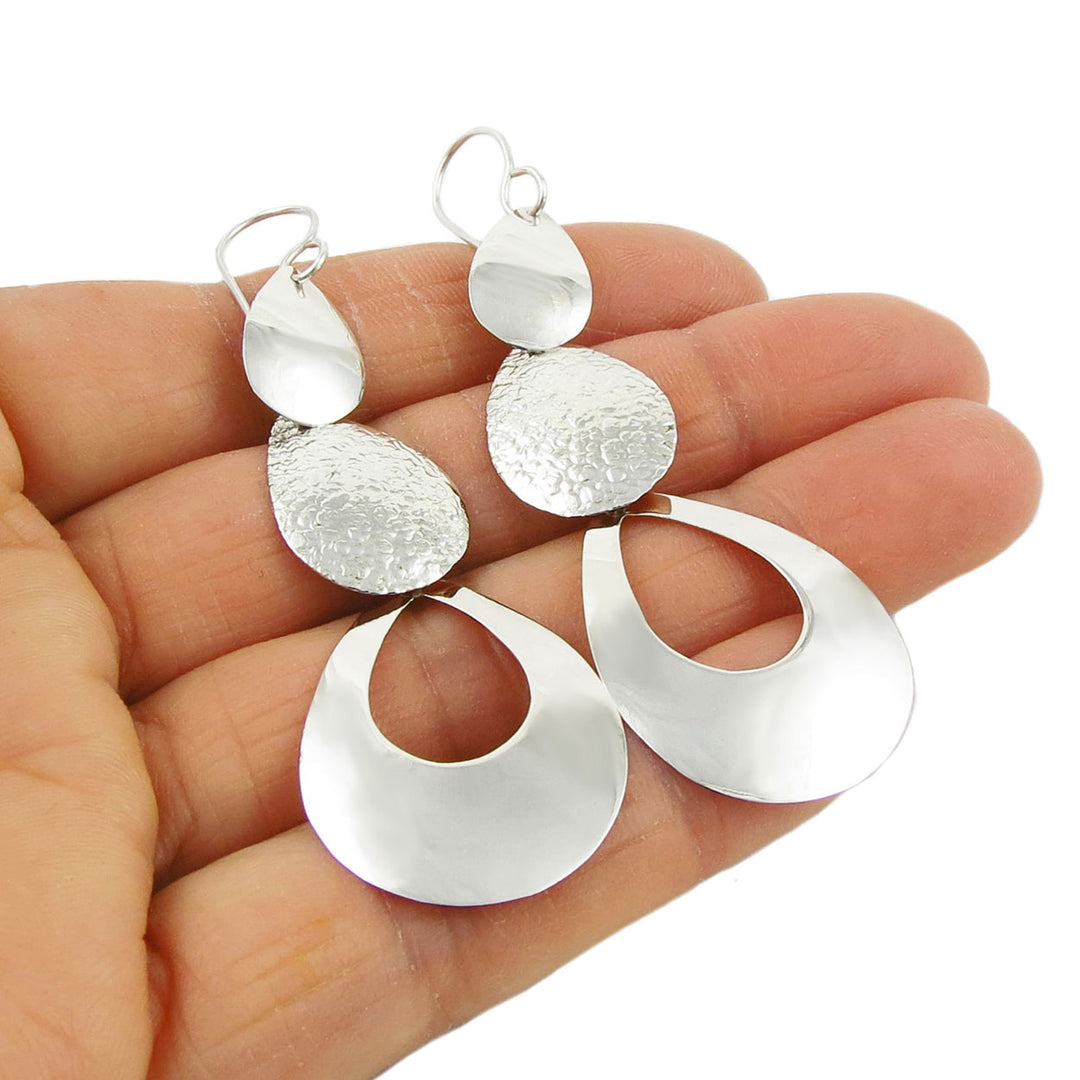 Long Silver Triple Teardrop Dangle Earrings