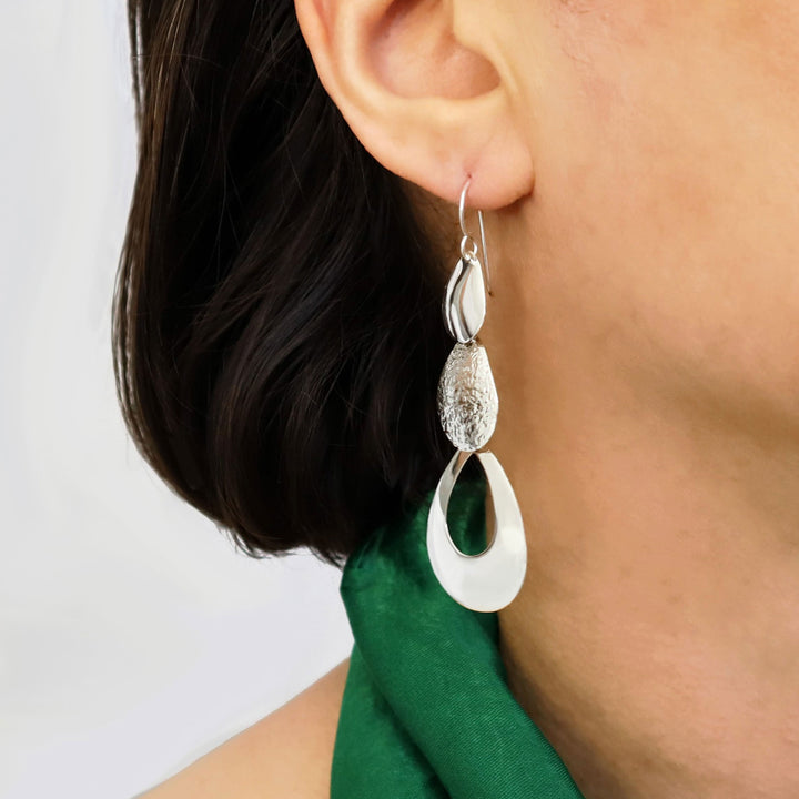 Long Silver Triple Teardrop Dangle Earrings
