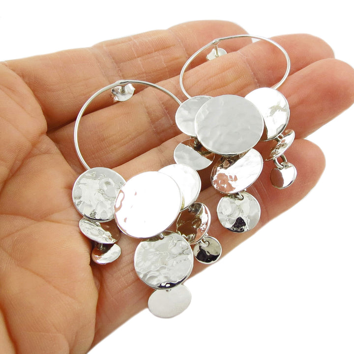 Gypsy Dangling Hammered Hoop Earrings in Sterling Silver