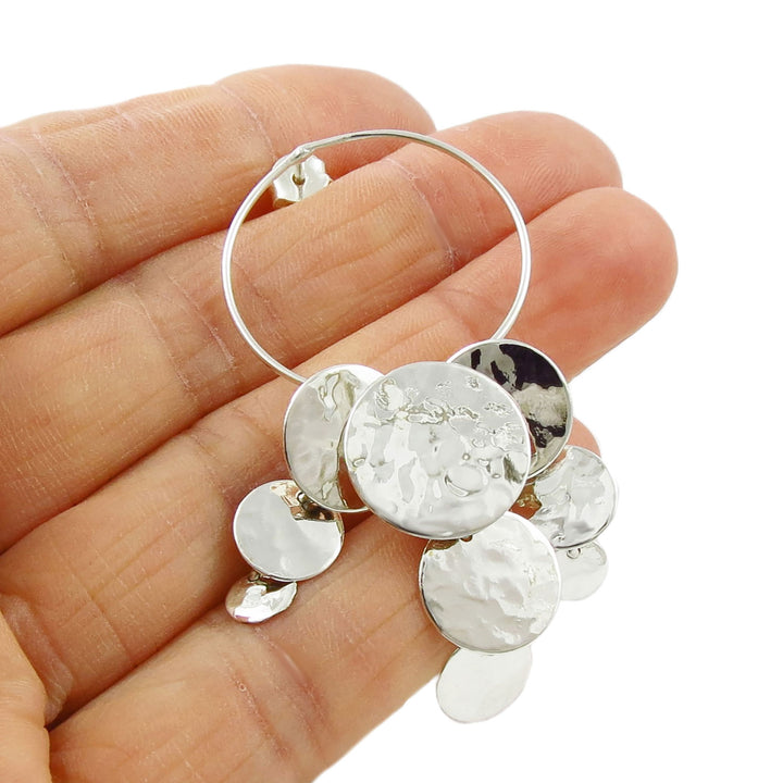 Gypsy Dangling Hammered Hoop Earrings in Sterling Silver