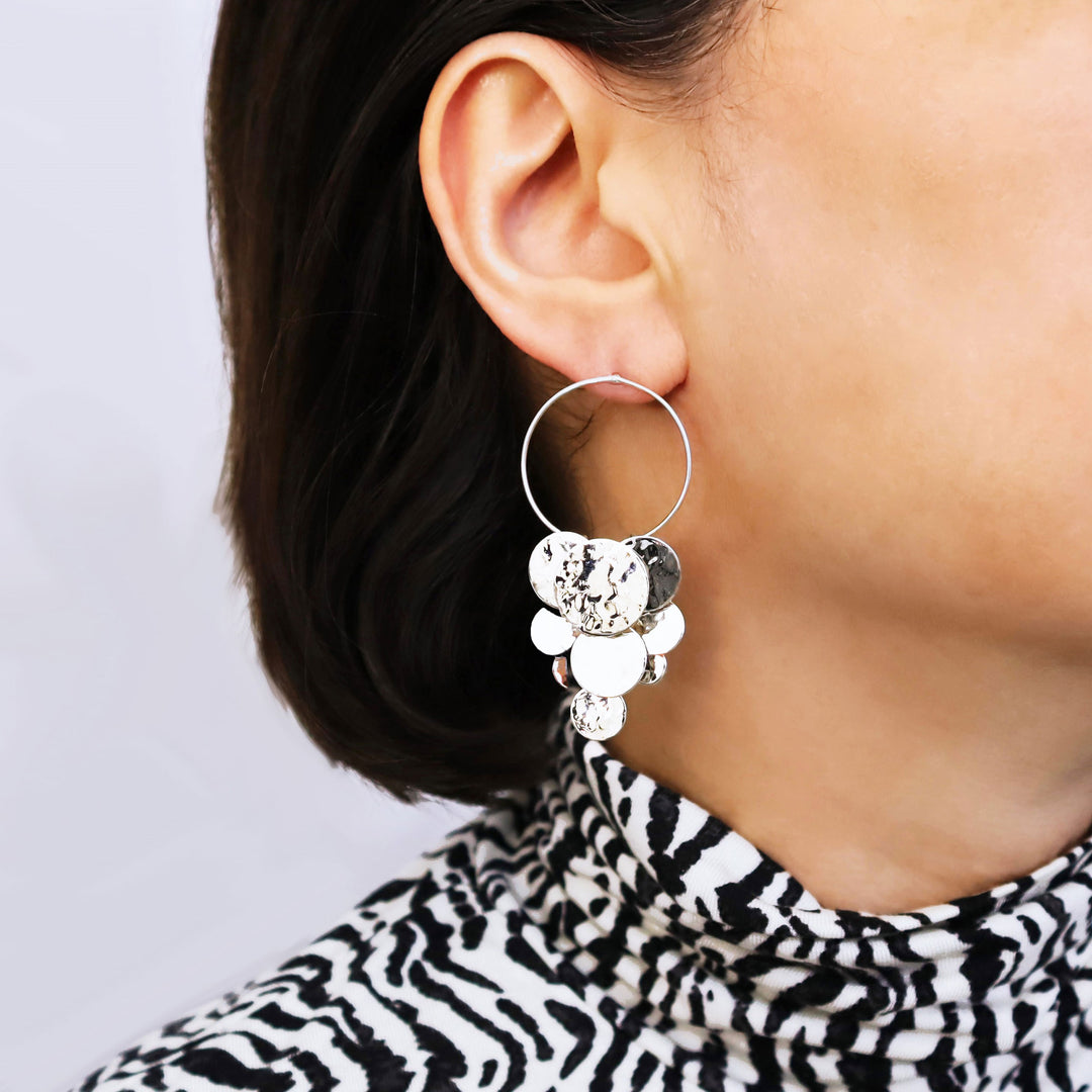 Gypsy Dangling Hammered Hoop Earrings in Sterling Silver