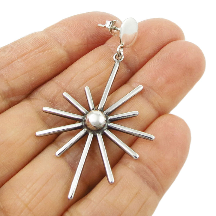 Large Starburst Solid 925 Silver Dangle Earrings