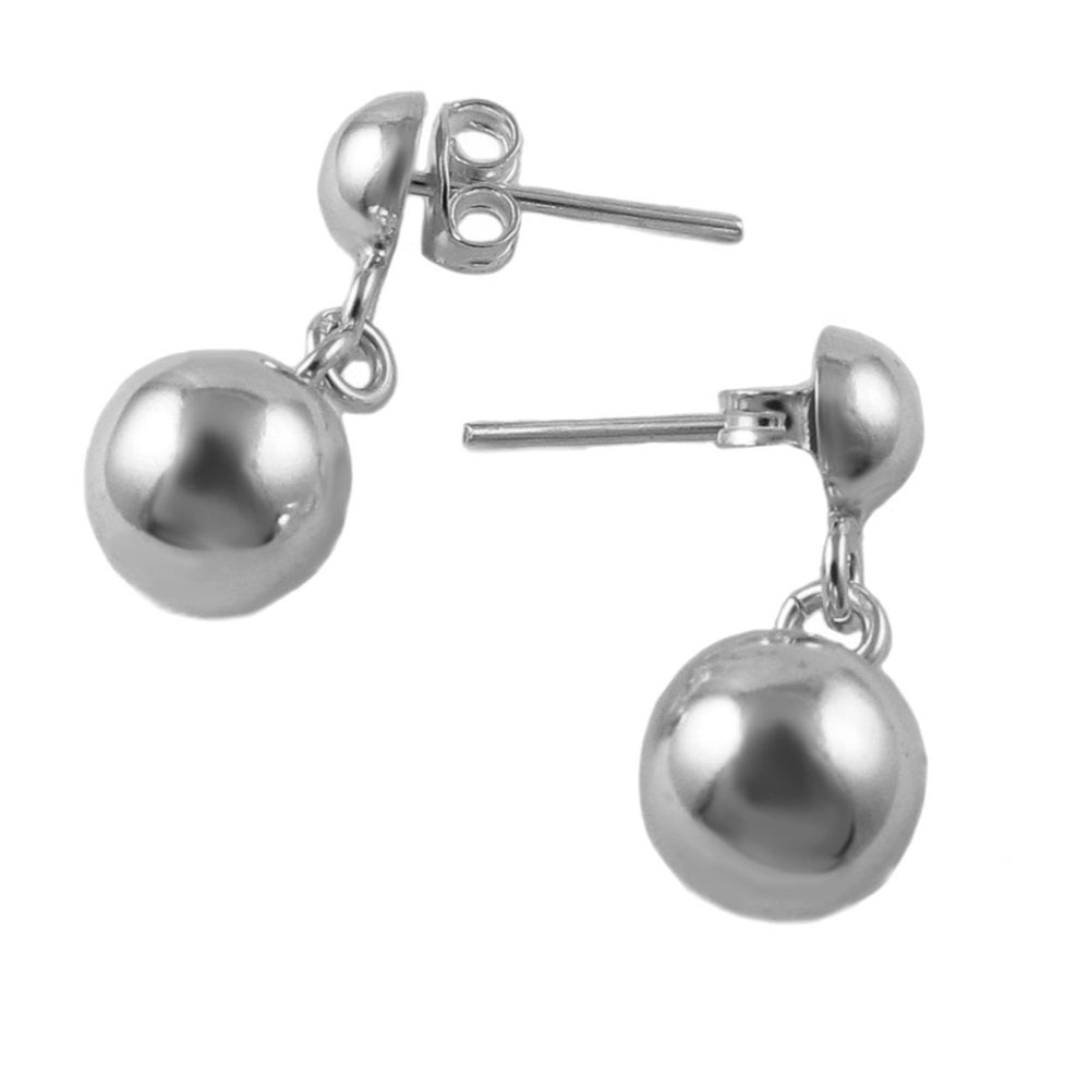 A pair of silver ball bead drop earrings with rounded hoop earrings on top.