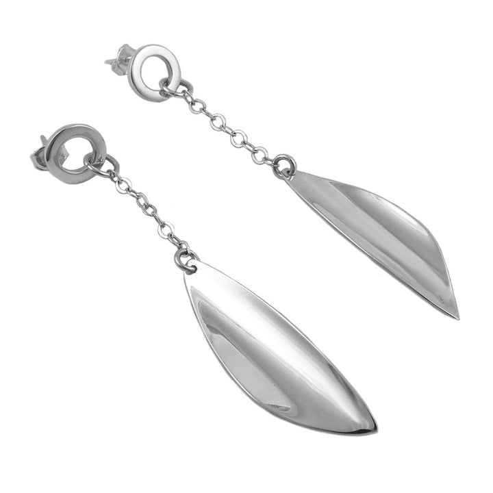 Long curved drop and chain silver earrings on a white background