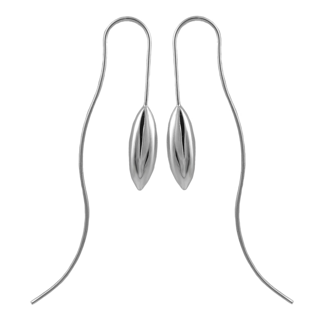 A pair of silver threader earrings with polished three-dimensional pods as the main focus, hanging from curved stems.
