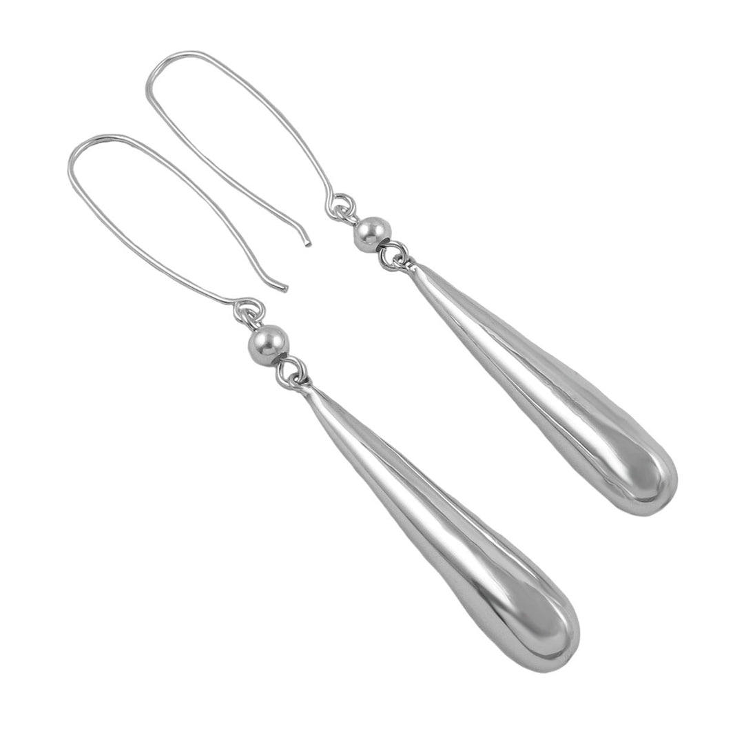 A pair of long sterling silver threader drop earrings with dangling hooks.